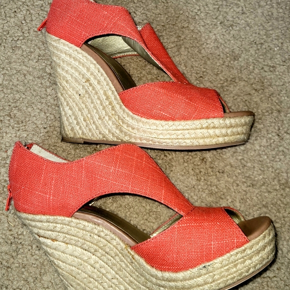 Seychelles Orange & Tan Espadrille Peep-toe Zip Back Wedges Women's Size 9 - Picture 1 of 6